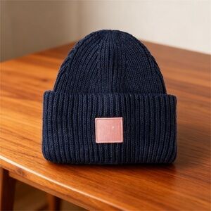 Acne Dark Blue Knit Hat with Light Pink Patch